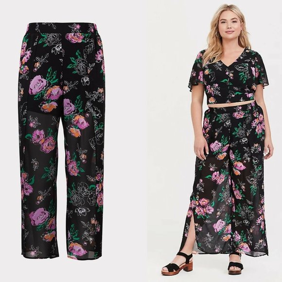 torrid Pants - Torrid Floral Chiffon Tulip Leg Pant Black HW9838